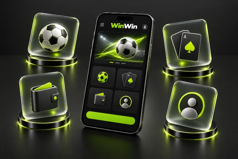 winwin app overview with sports, casino, wallet and account icons