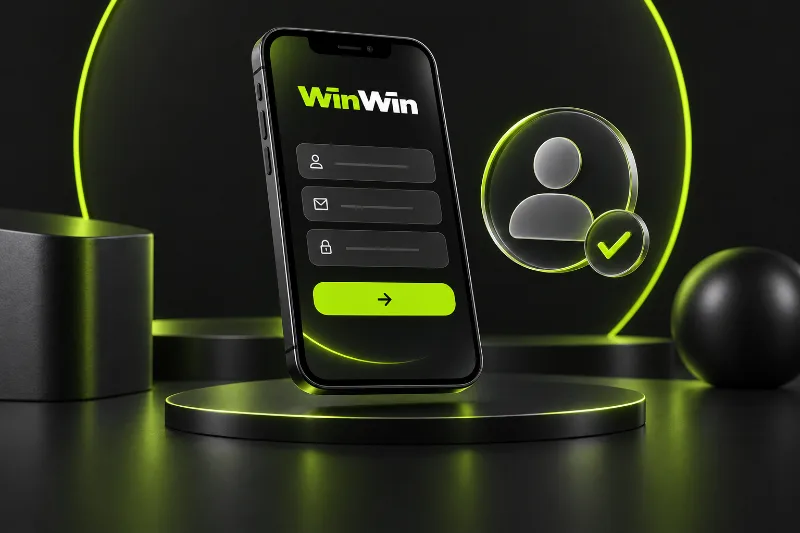 win win bet app registration concept with account fields and a confirmation icon